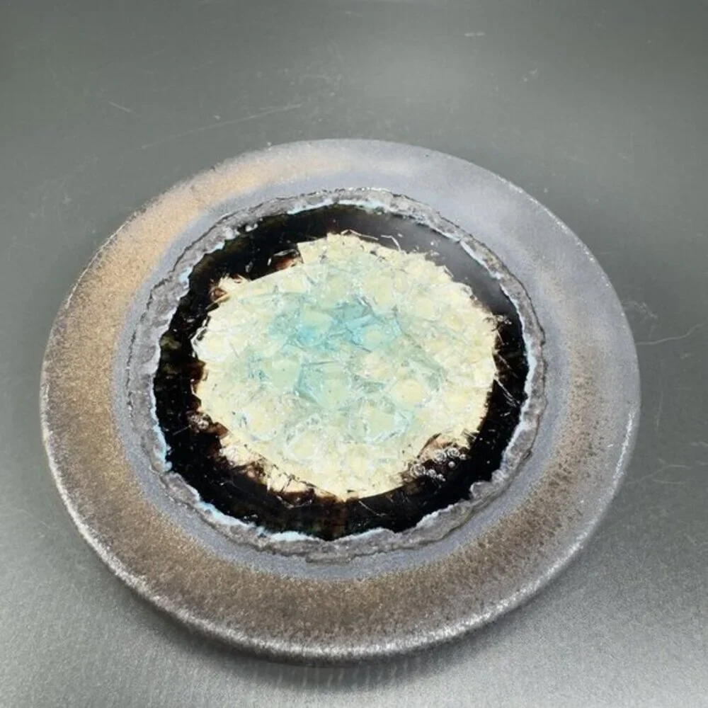Hand Made Crystalline Pottery Round Wasabi Dipping Dish Plate Signed Crafted VTG